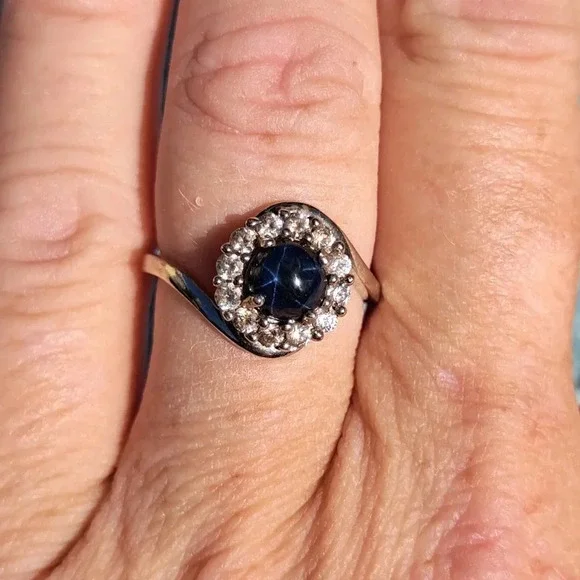 Blue Star Sapphire & White Zircon Halo Ring - Picture 1 of 7